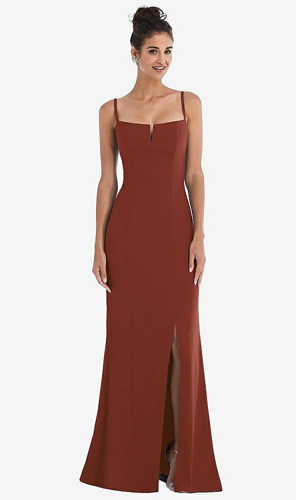 notch crepe trumpet gown with front slit