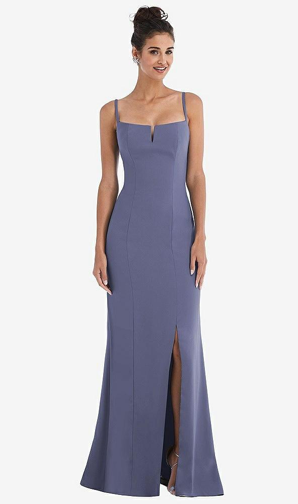 notch crepe trumpet gown with front slit