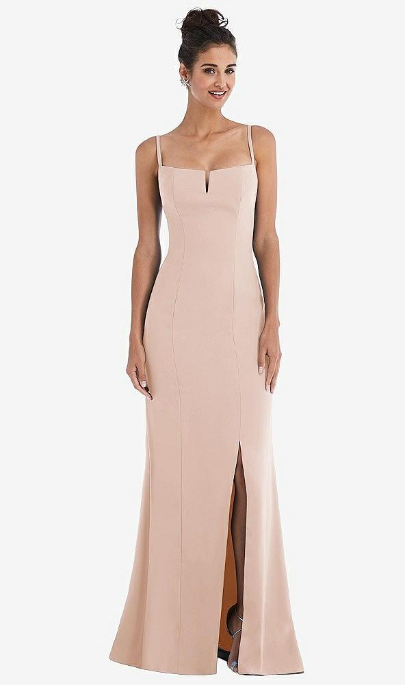 notch crepe trumpet gown with front slit