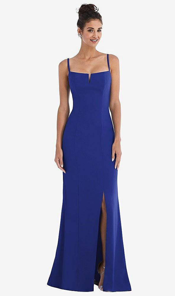 notch crepe trumpet gown with front slit