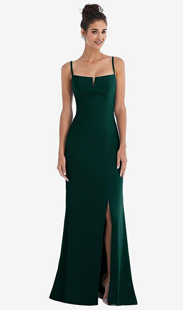 notch crepe trumpet gown with front slit