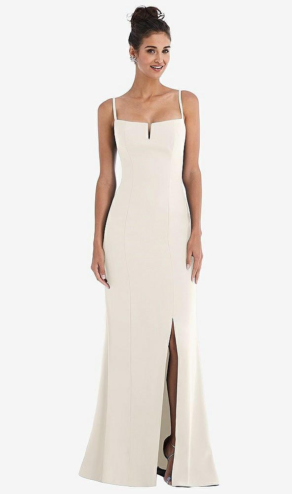 notch crepe trumpet gown with front slit
