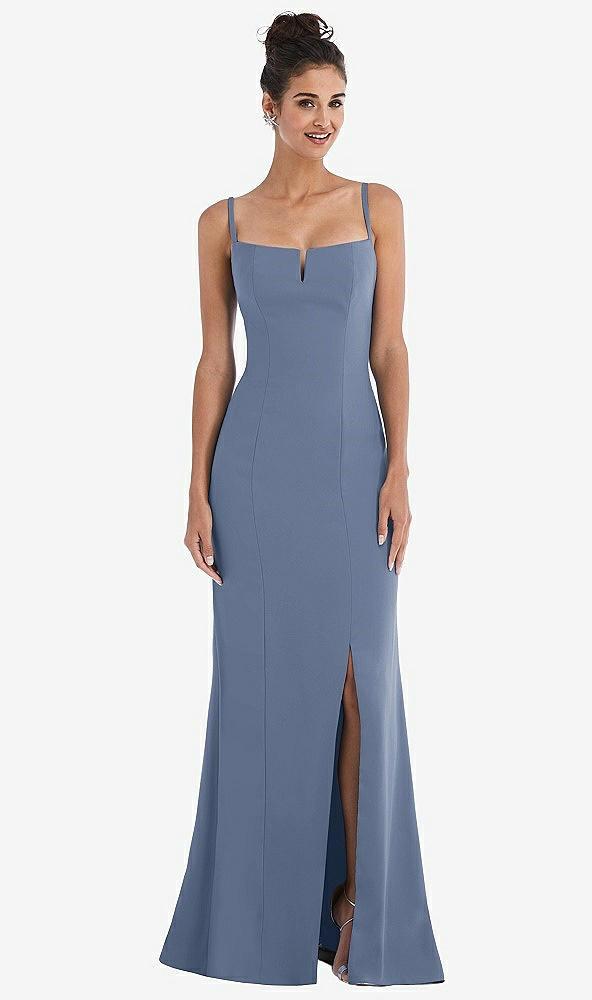 notch crepe trumpet gown with front slit