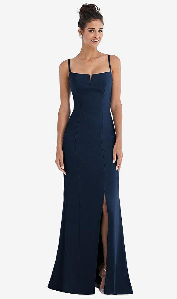 notch crepe trumpet gown with front slit