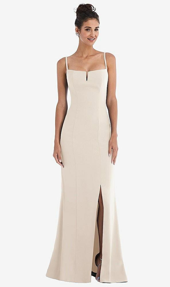 notch crepe trumpet gown with front slit