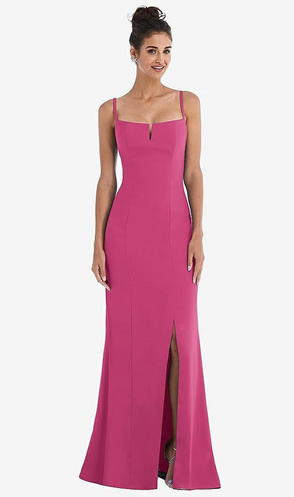 notch crepe trumpet gown with front slit