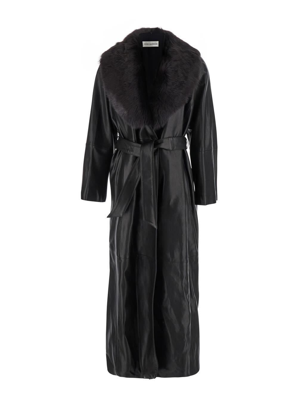nour hammour black coat with removable faux-fur lapels and waist belt in leather woman