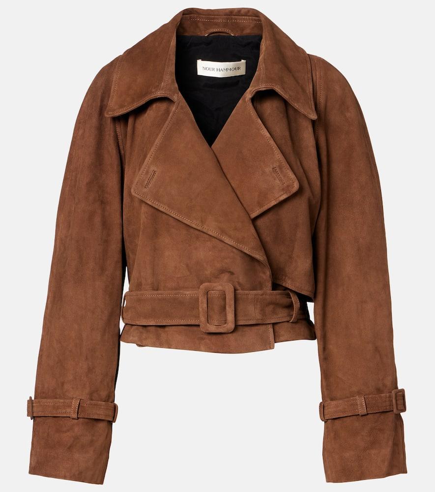 nour hammour hatti belted cropped suede trench coat