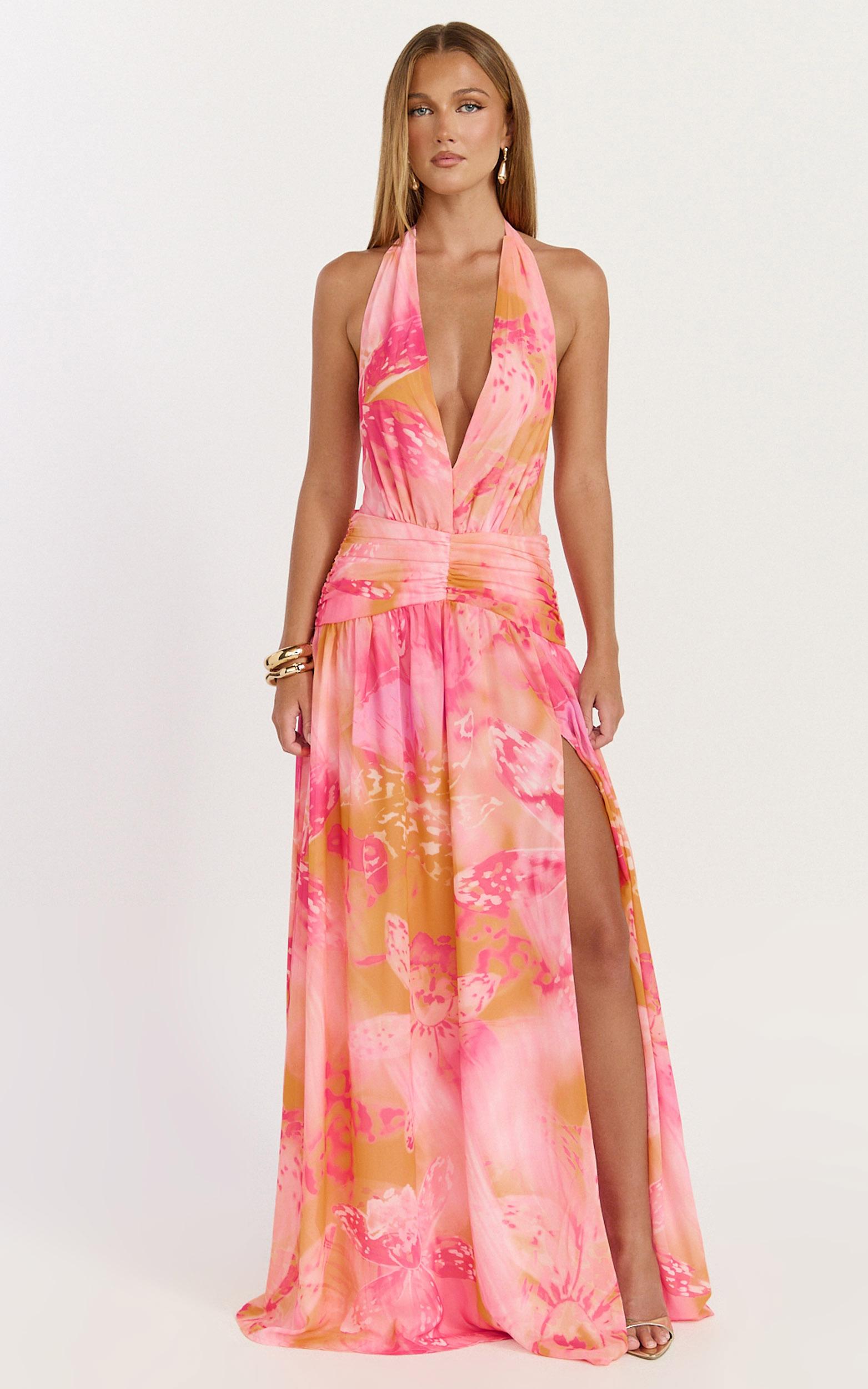 nova maxi dress - plunge neckline backless georgette dress in hot house orchid print