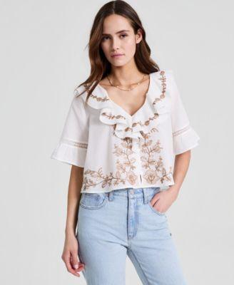 now this womens embroidered elbow sleeve flyaway blouse macys exclusive