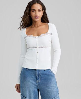 now this womens lace trim ribbed knit top macys exclusive