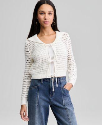 now this womens wide collar tie front pointelle cardigan macys exclusive