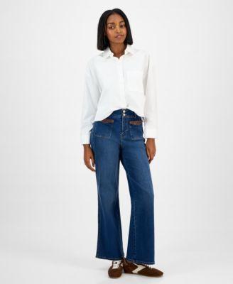 now this womens wide leg faux leather trim jeans macys exclusive