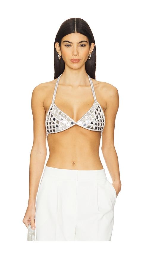 nue studio mirror triangle bra in metallic silver.