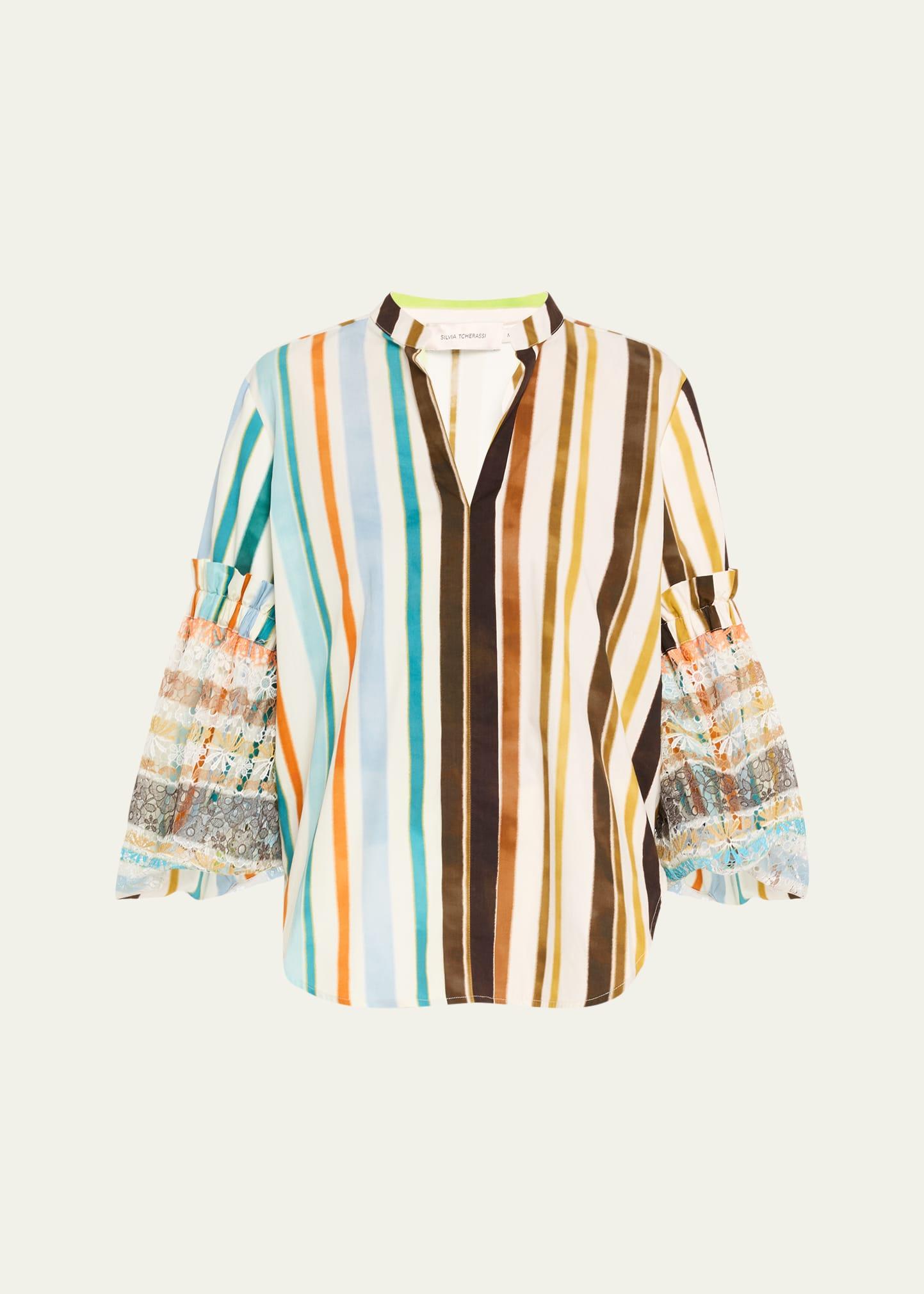 nuru striped eyelet puff-sleeve blouse
