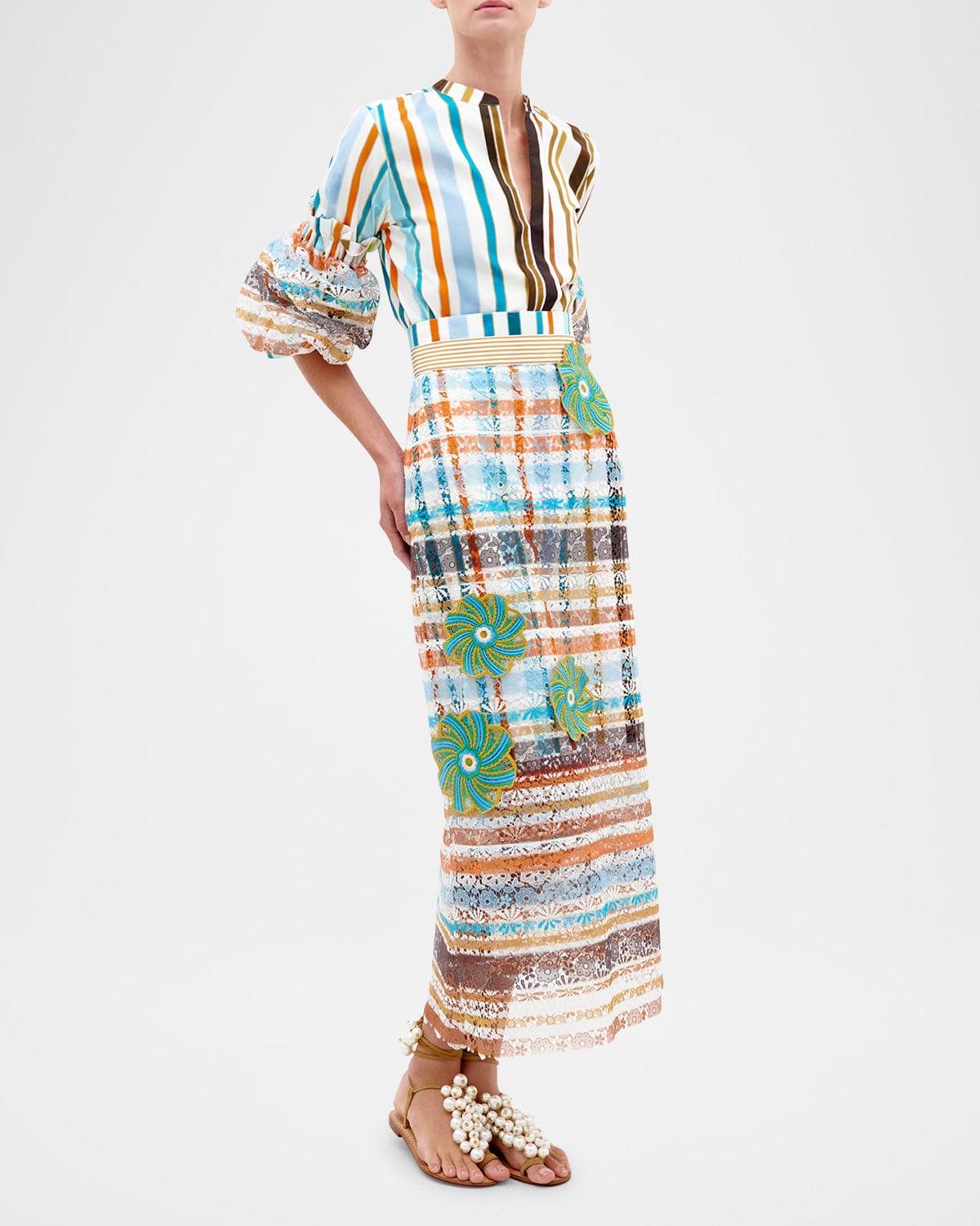 nuru striped eyelet puff-sleeve blouse