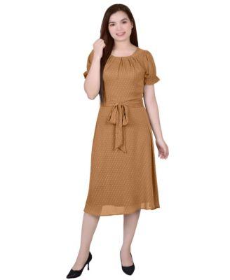 ny collection petite short sleeve belted swiss dot dress