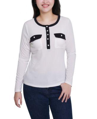 ny collection womens long sleeve contrast detail top