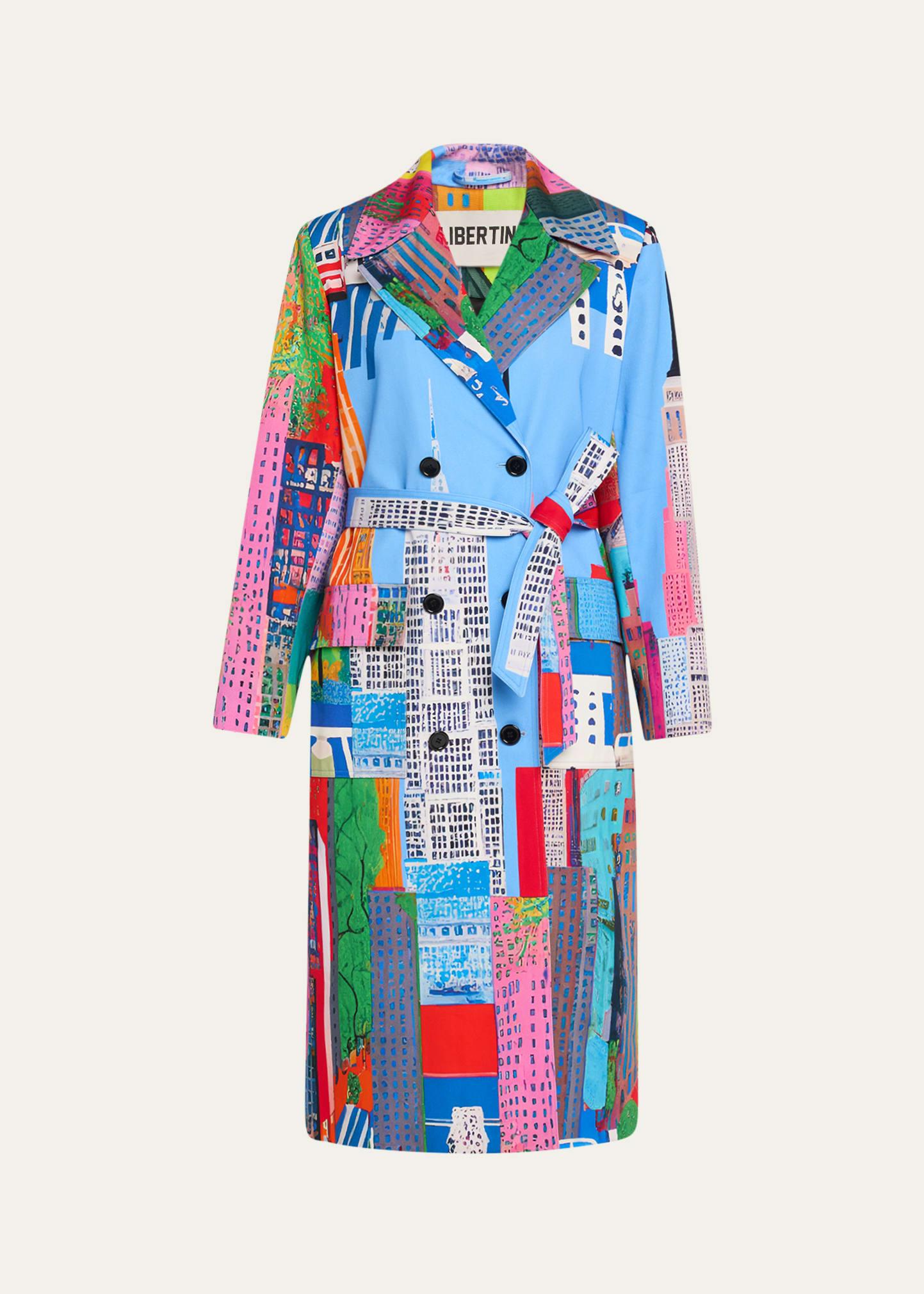 nyc cityscape-print belted long trench coat