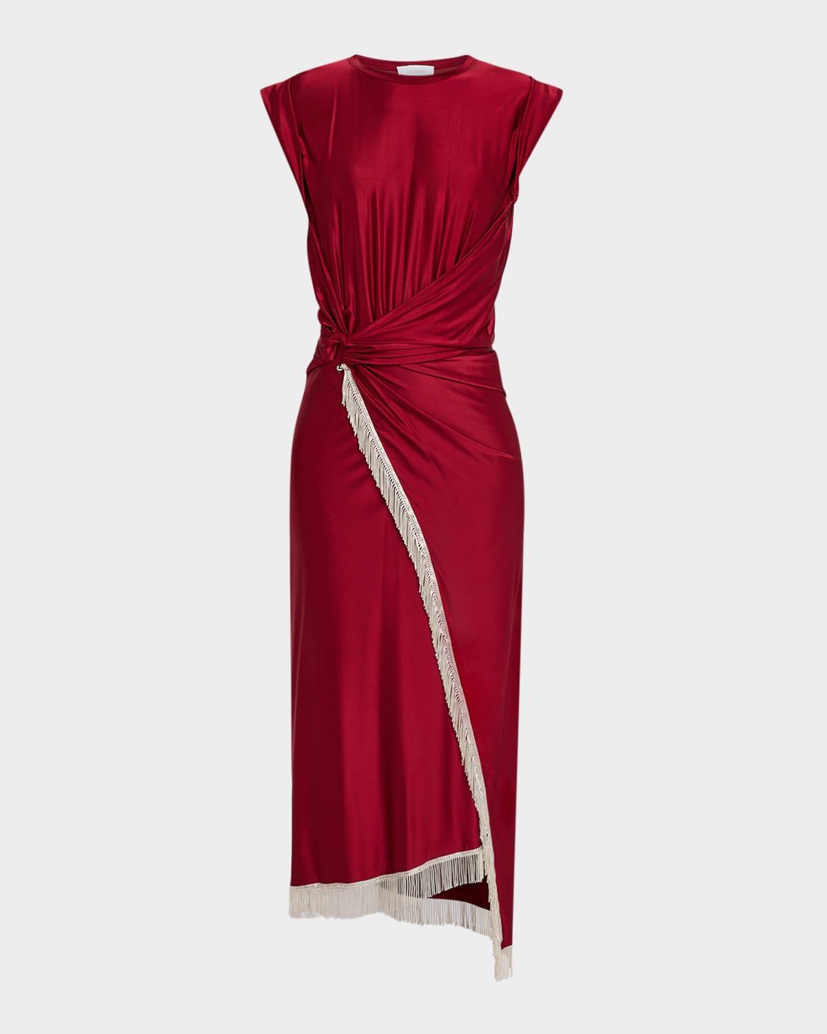 o-ring wrap fringed midi dress