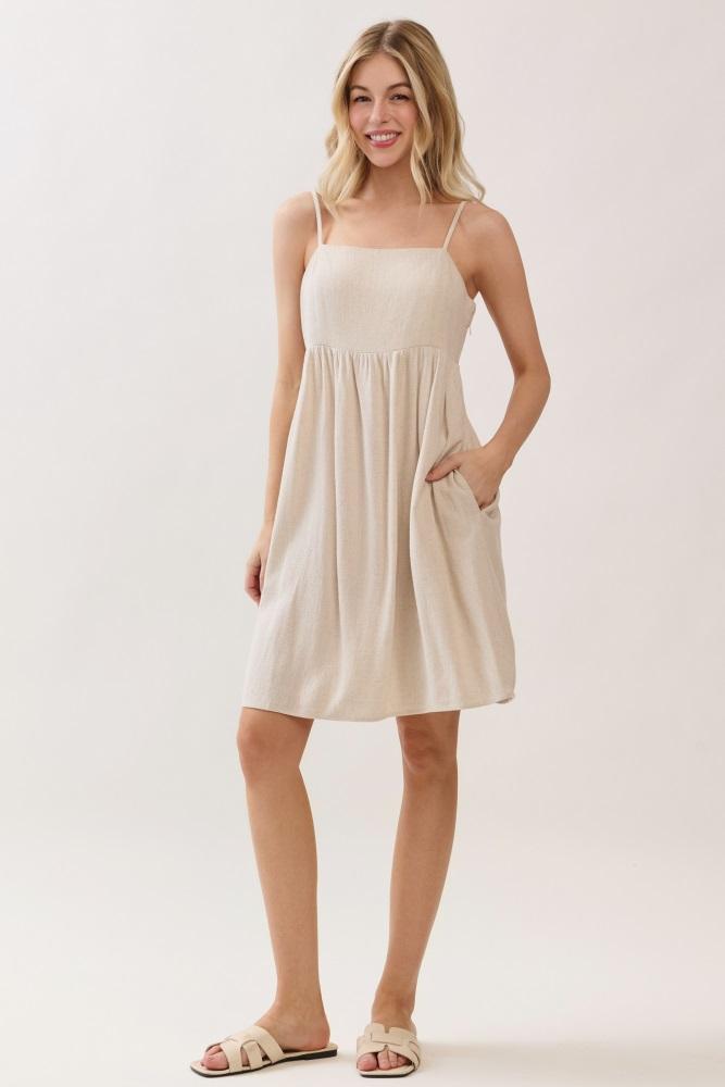 oatmeal linen blend bead detail mini dress