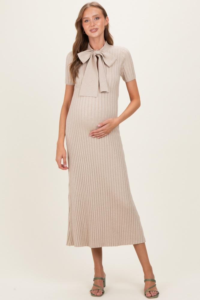 oatmeal ribbed knit tie neck maternity midi dress