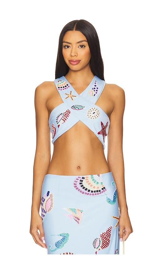 oceanus kshell hand beaded top in blue.