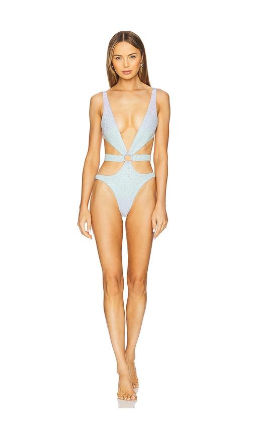 oceanus mei hand beaded cut out onesie in blue.