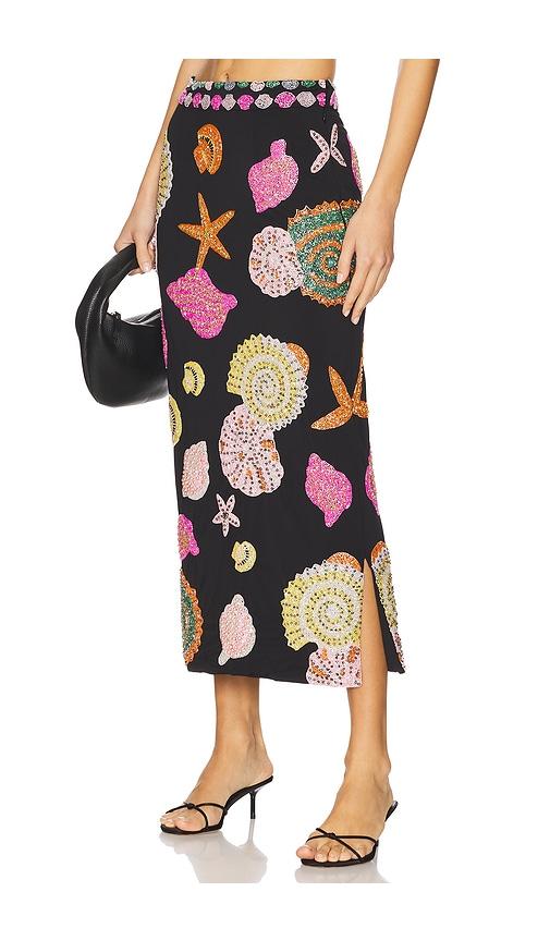 oceanus new york hand embellished midi skirt in black.
