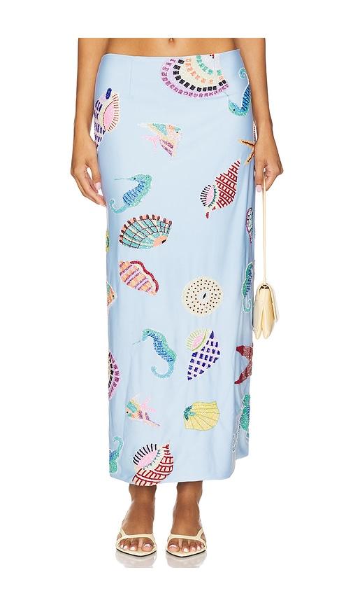 oceanus shell hand beaded skirt in blue.