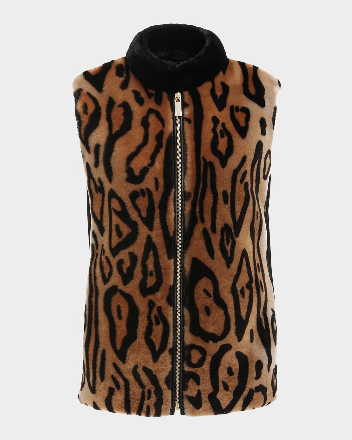 ocelot-print shearling lamb zip vest with loro piana wool back