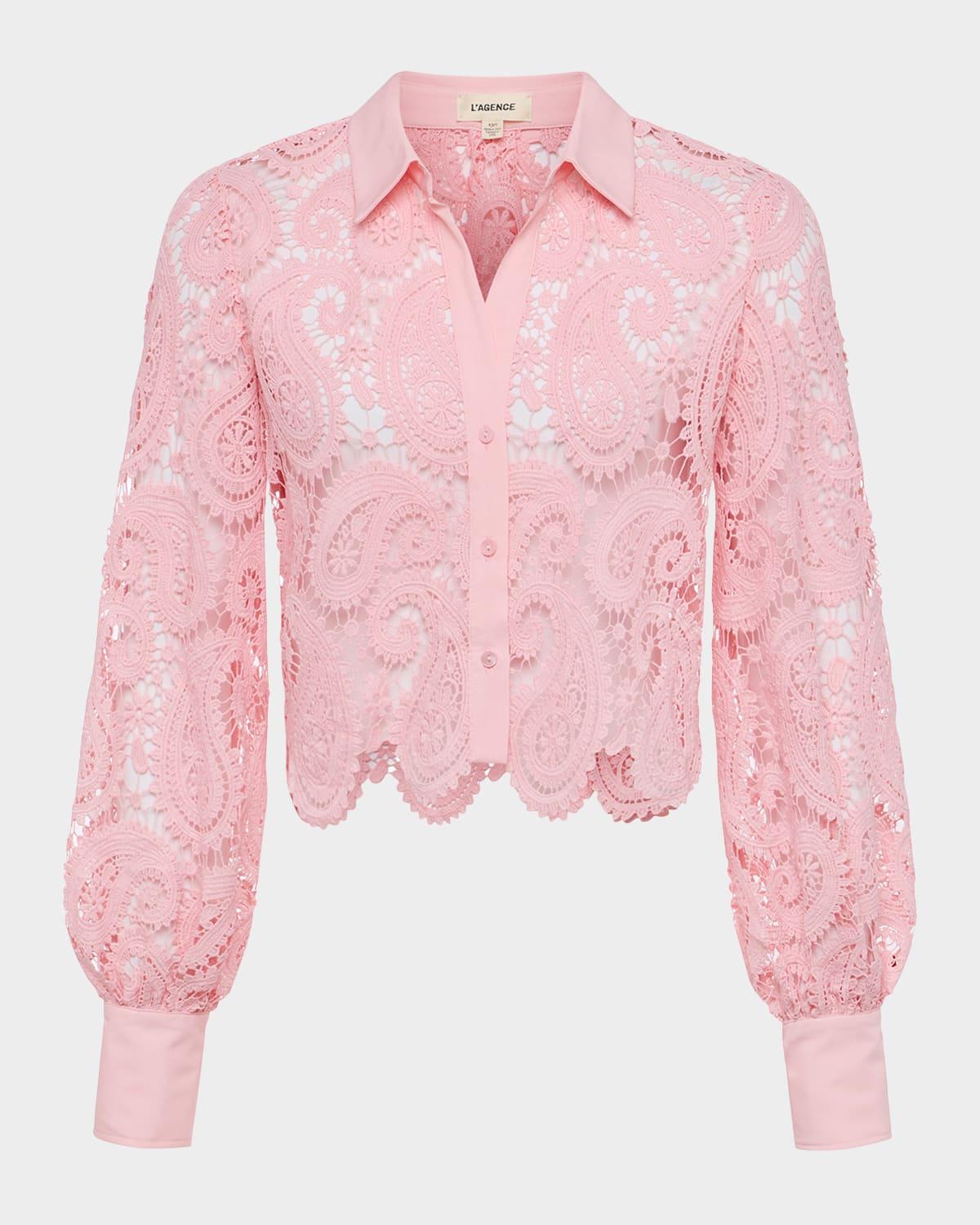 odelia paisley lace cropped button-front blouse