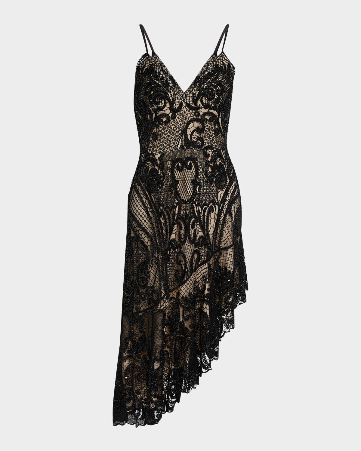 odette high-low beaded lace midi dress