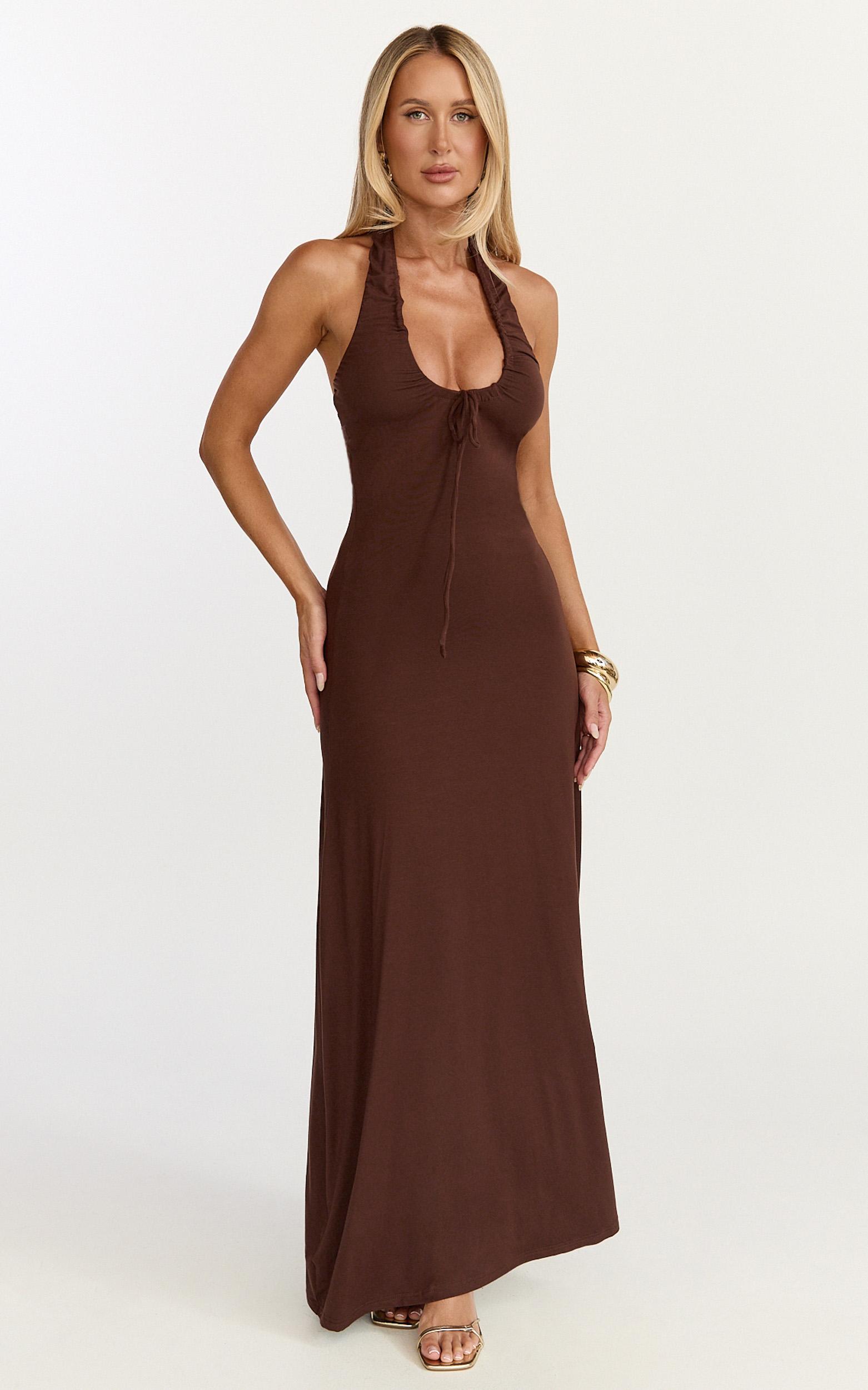 odile maxi dress - u halter neck dress in chocolate