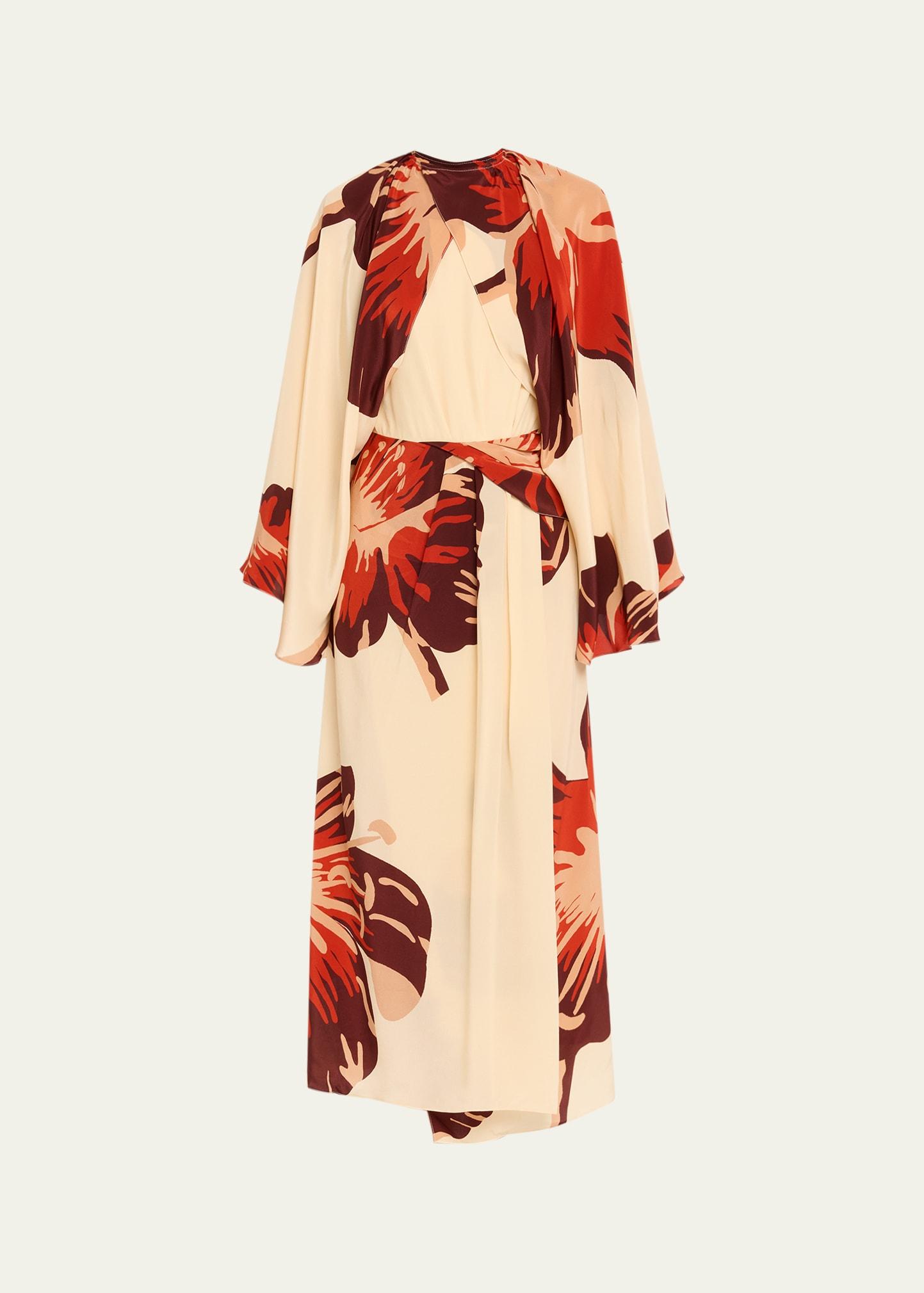 odyssey floral silk draped long-sleeve ankle dress