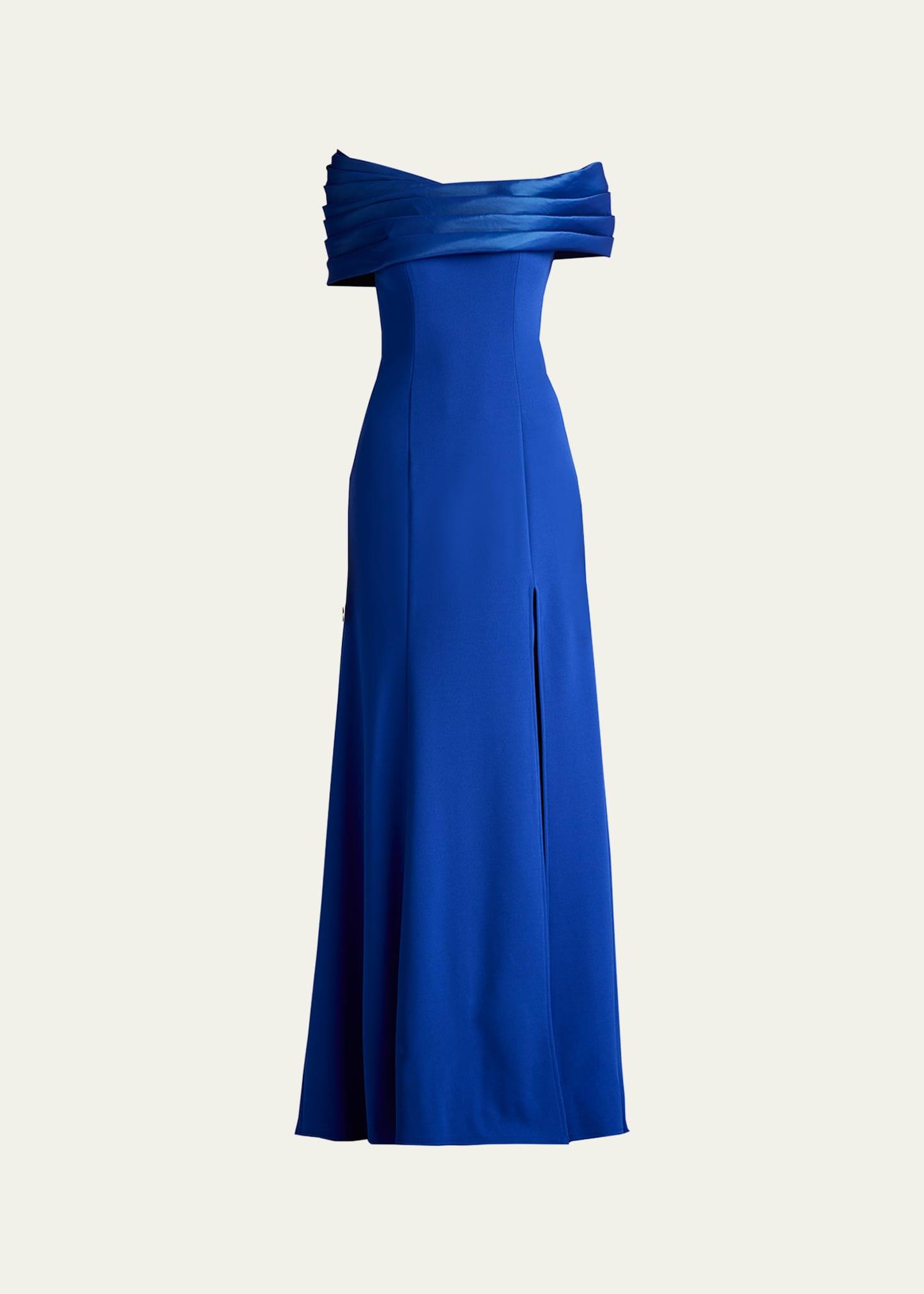 off-shoulder a-line crepe & taffeta gown