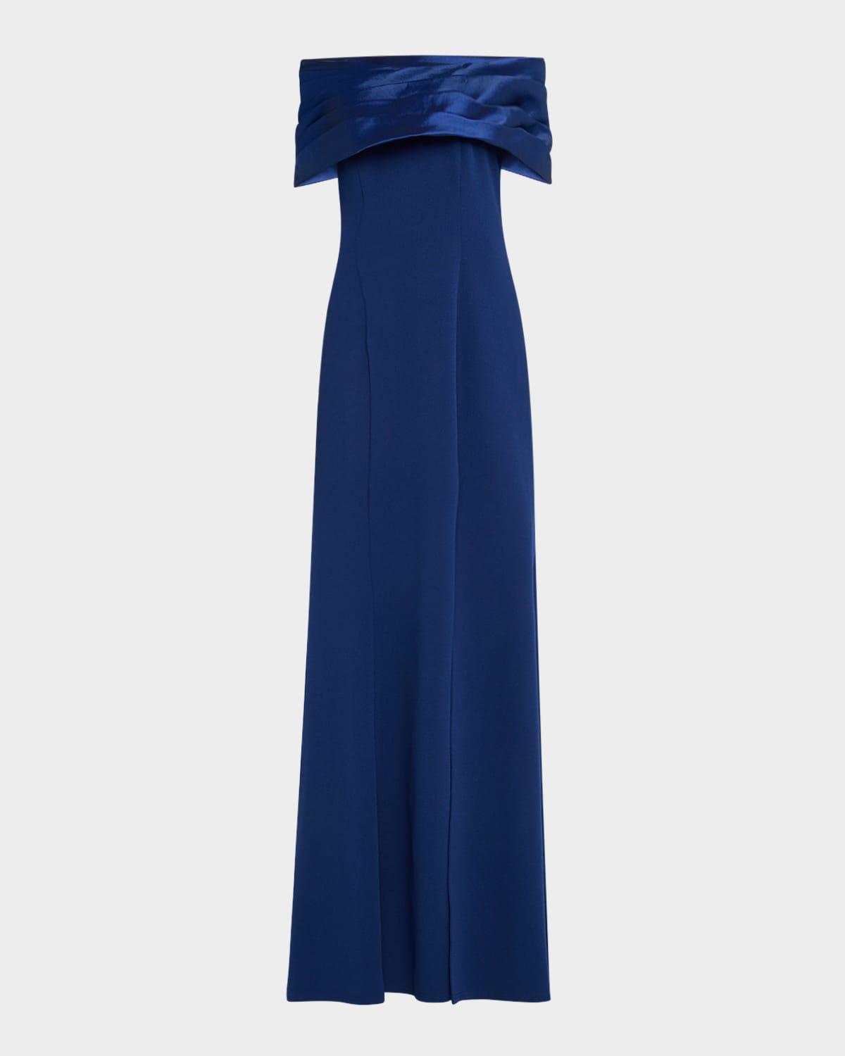 off-shoulder a-line crepe & taffeta gown
