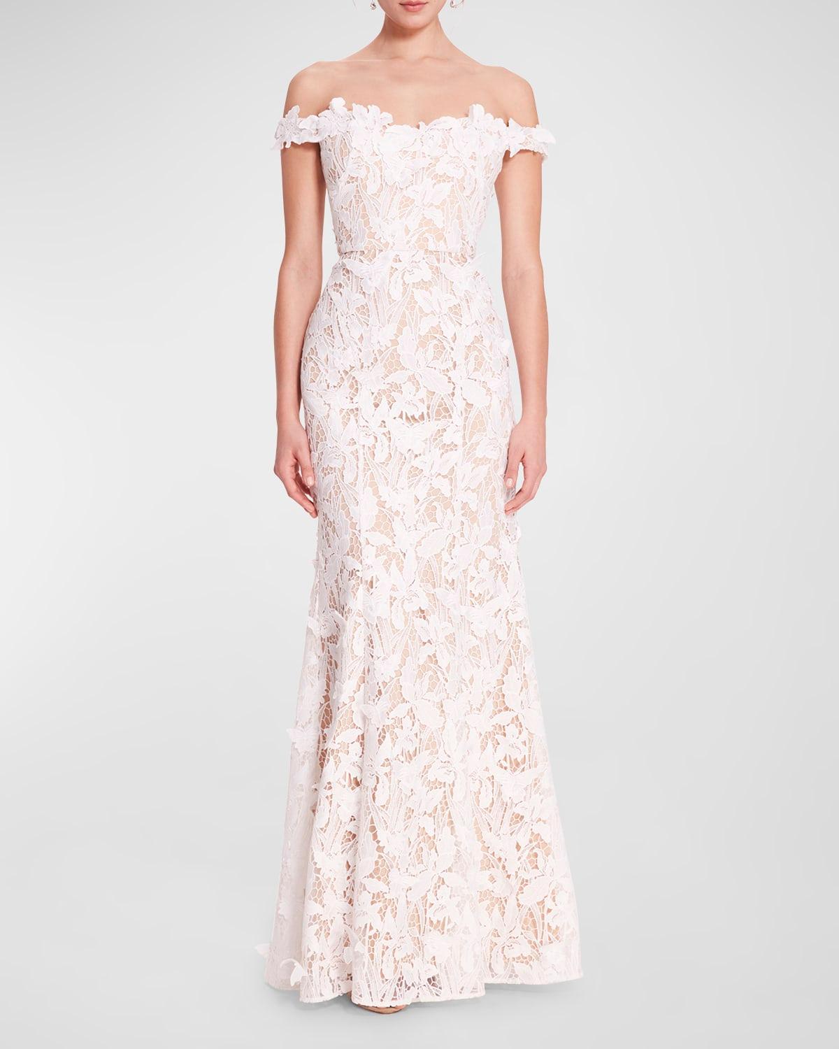 off-shoulder applique & lace trumpet gown