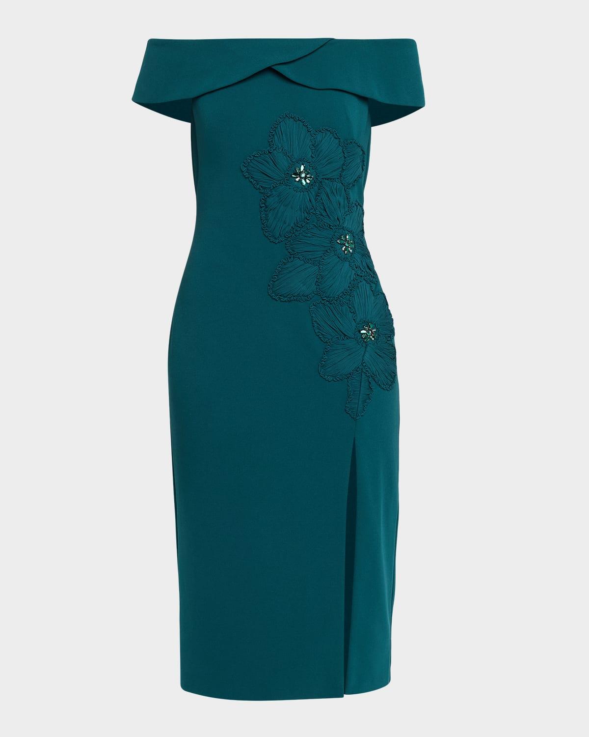 off-shoulder applique crepe midi dress