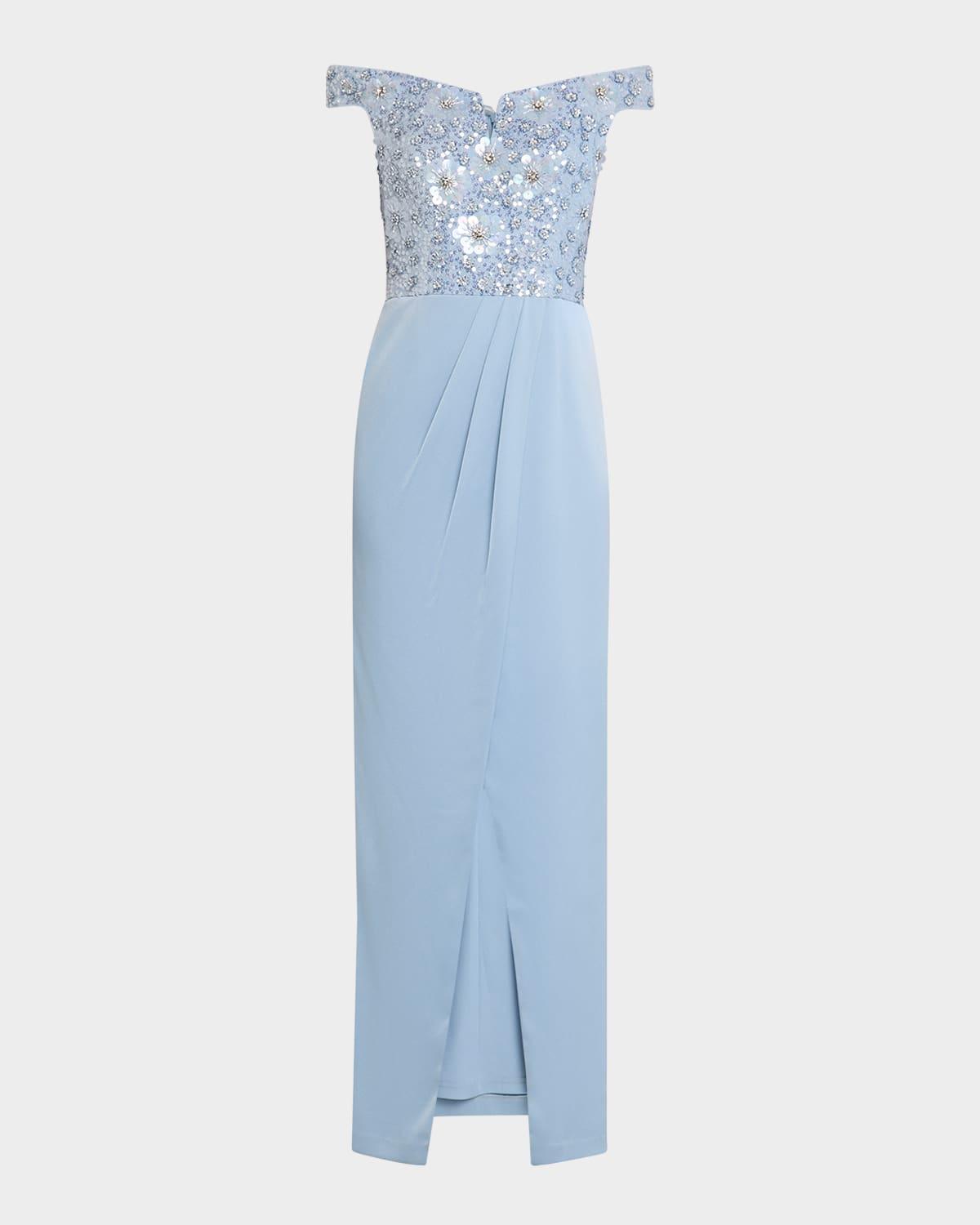 off-shoulder bead & sequin column gown