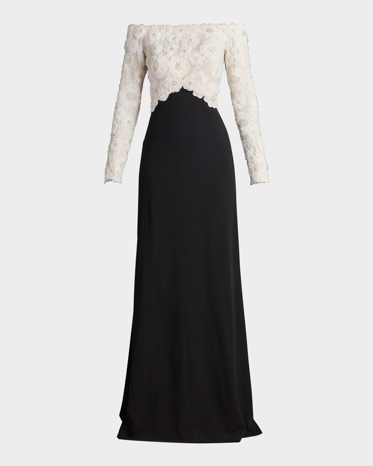 off-shoulder beaded floral applique gown