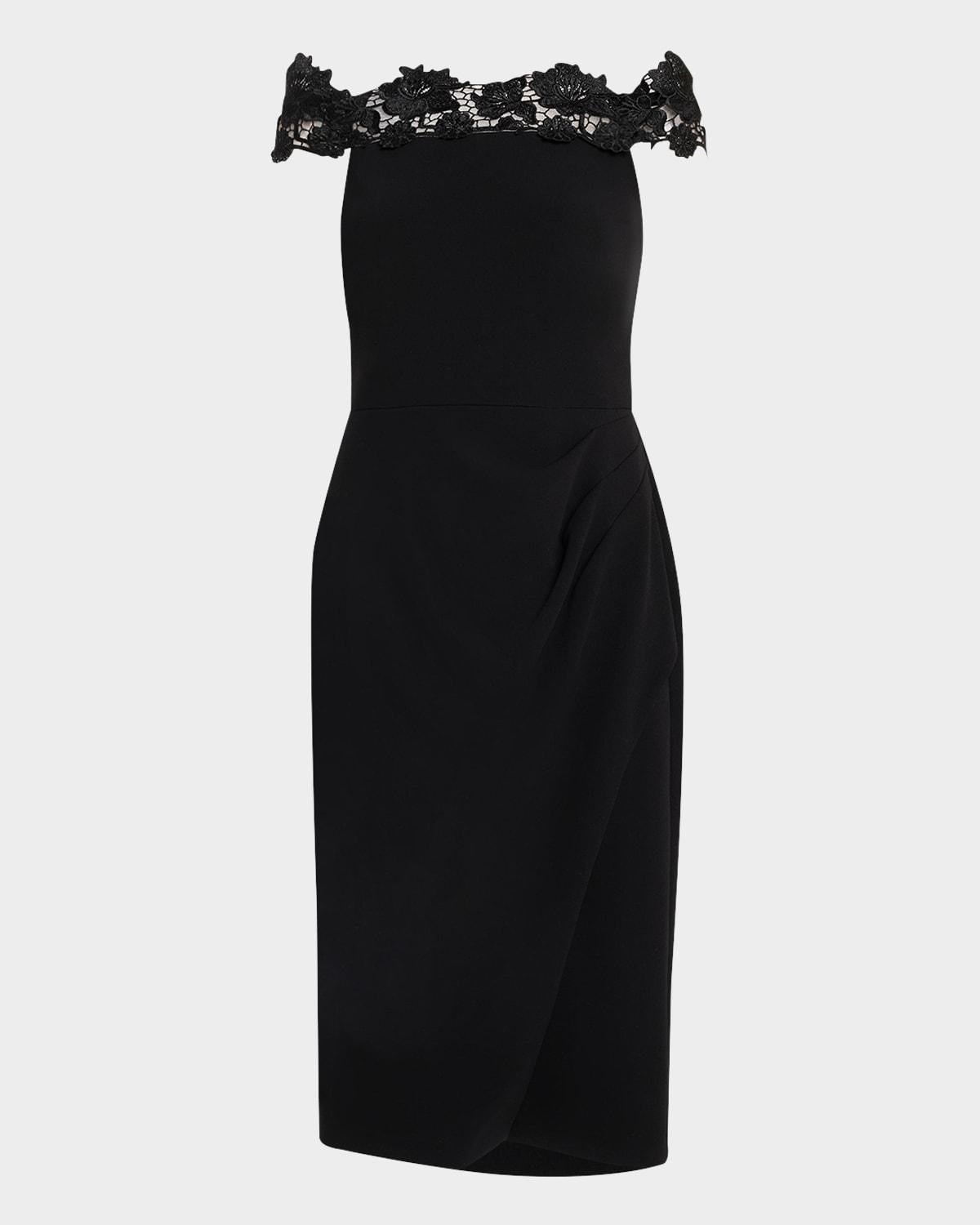 off-shoulder crepe & lace midi dress