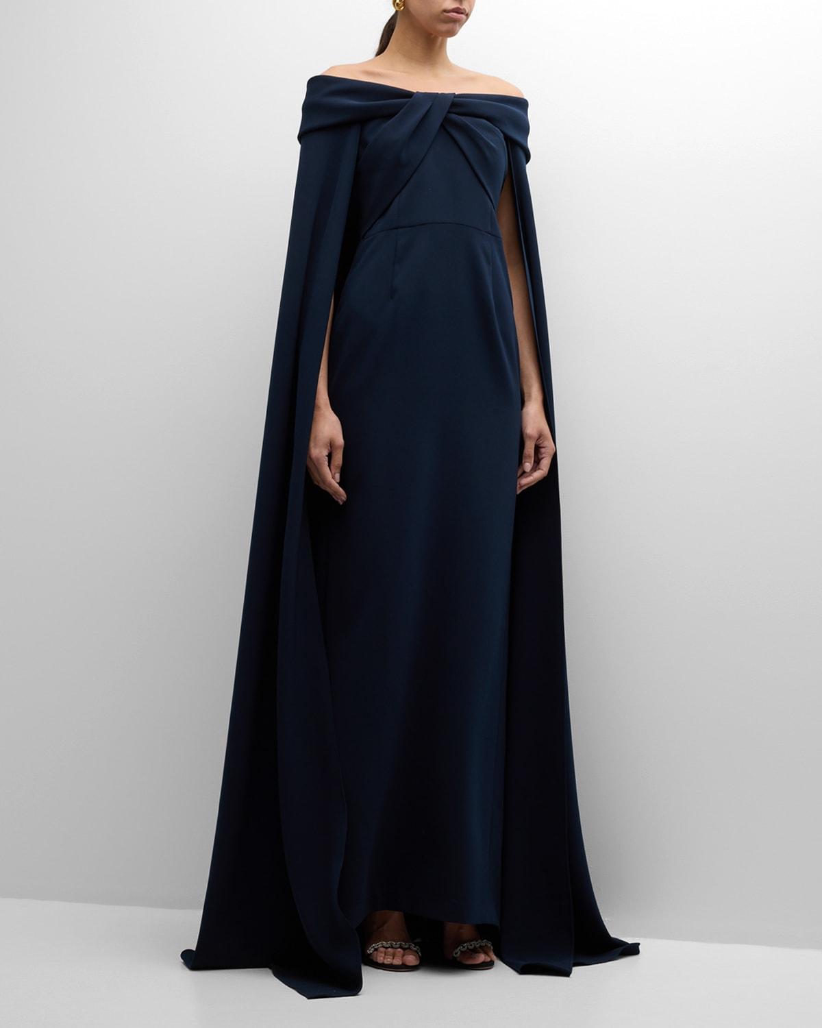 off-shoulder crepe cape gown