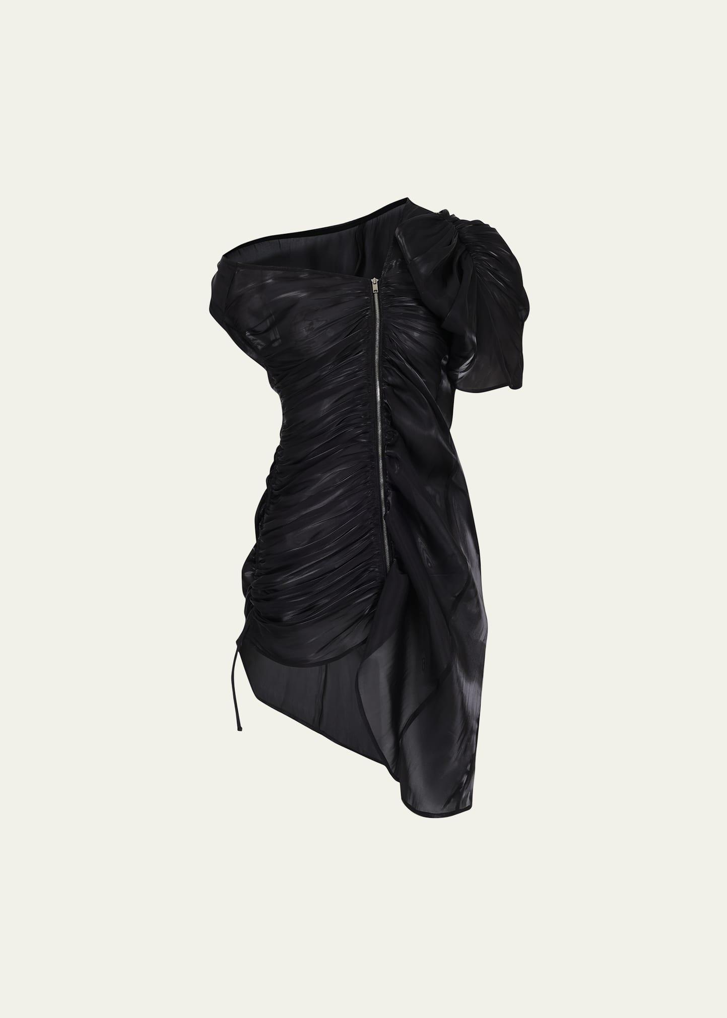 off-shoulder decon draped zip front mini dress