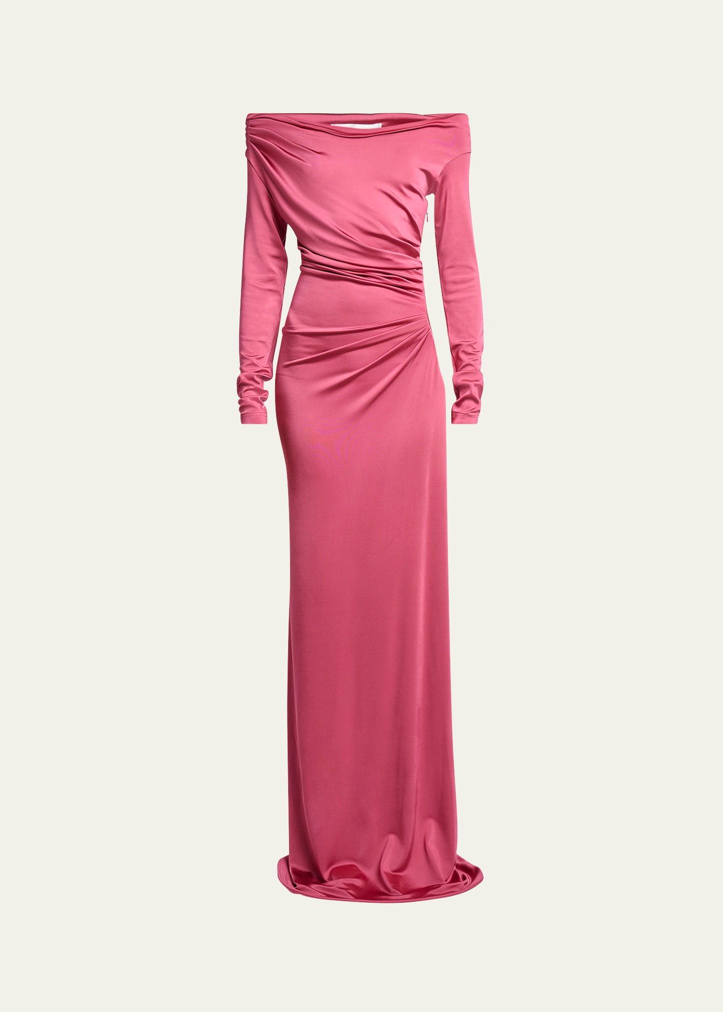 off-shoulder draped gown
