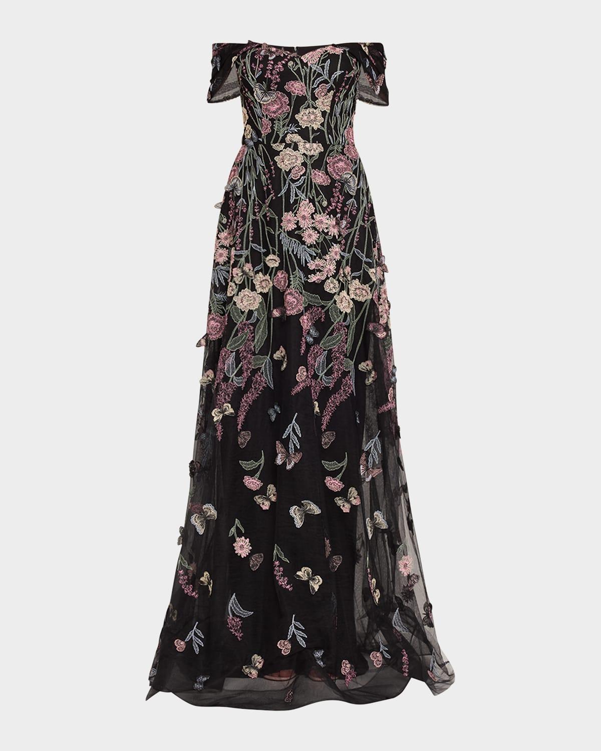 off-shoulder embroidered tulle gown