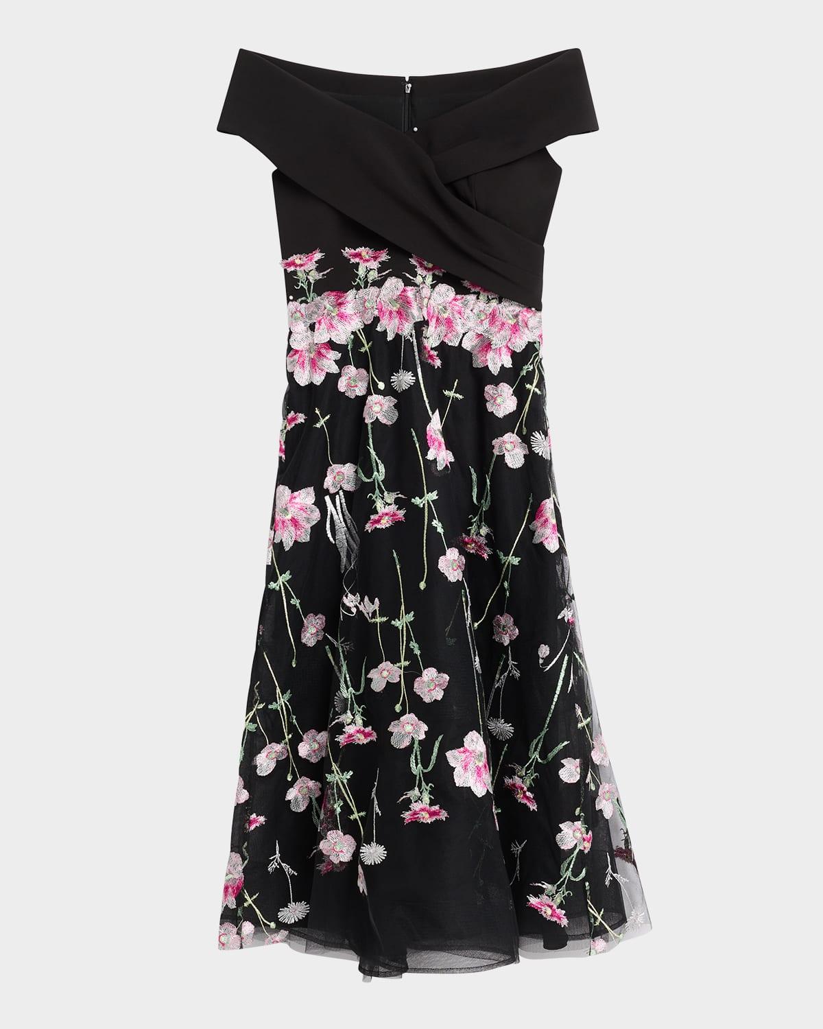 off-shoulder embroidered tulle midi dress