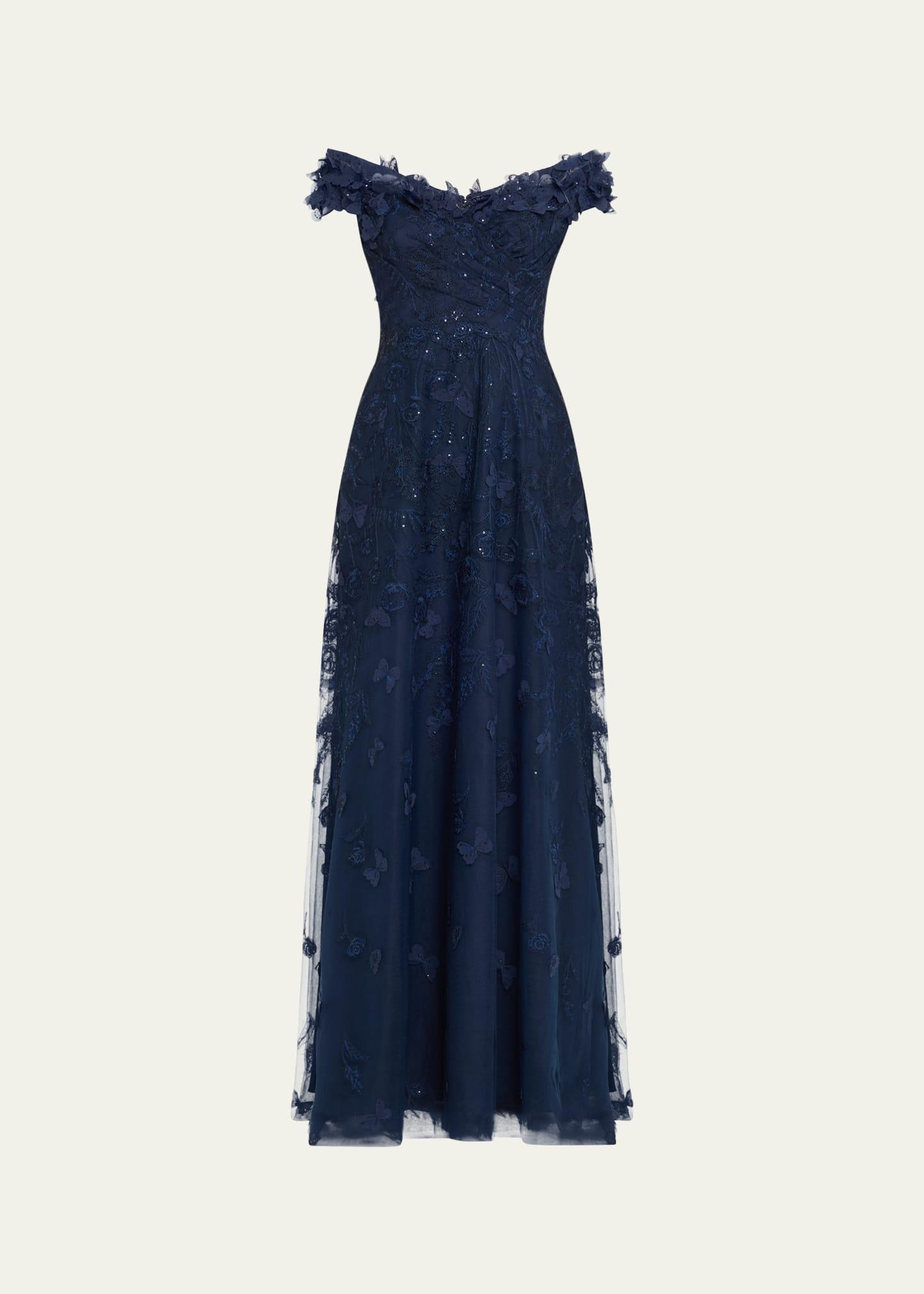 off-shoulder floral-embroidered tulle gown