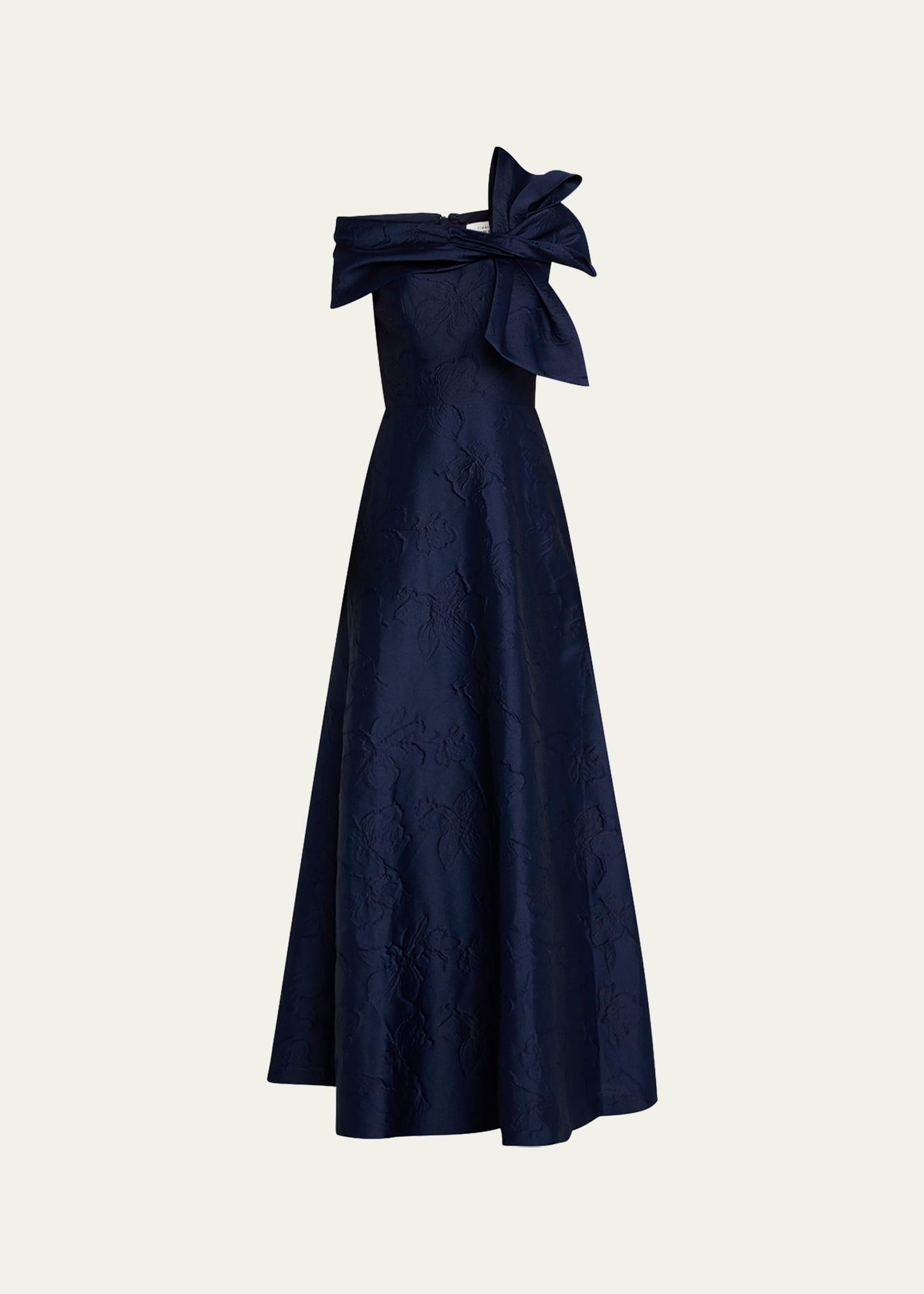 off-shoulder floral jacquard bow gown
