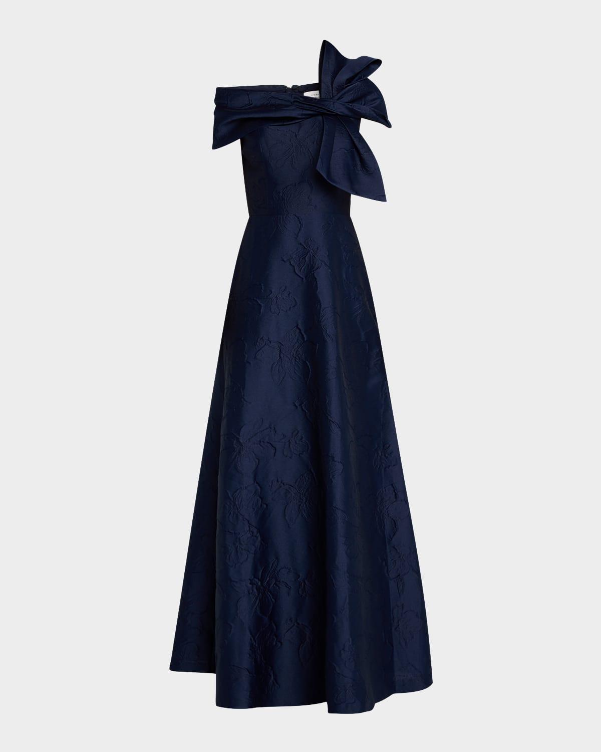 off-shoulder floral jacquard bow gown